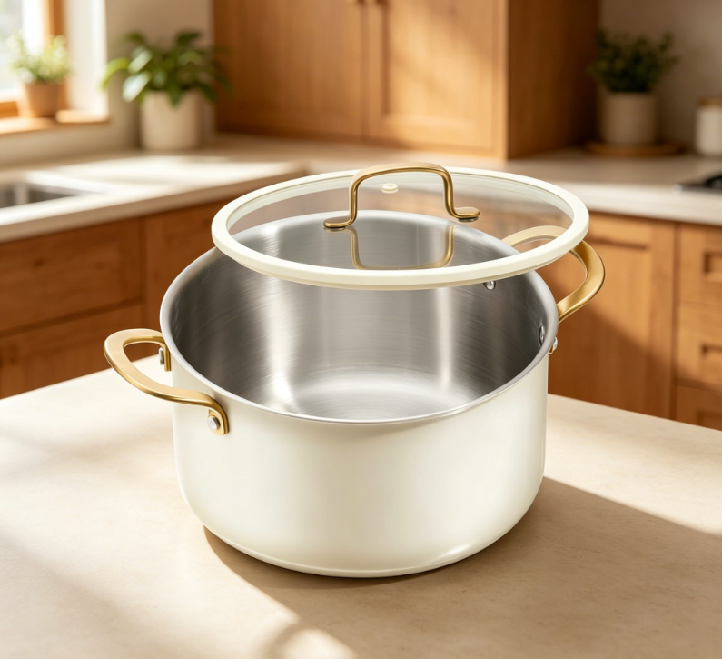 White three-layer soup pot with even heating